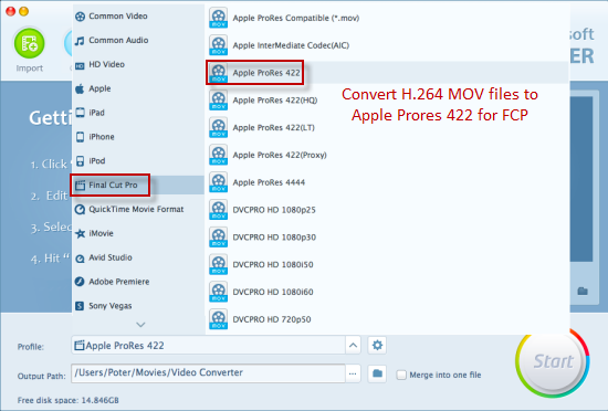 Convert H.264 MOV to ProRes 422 for FCP