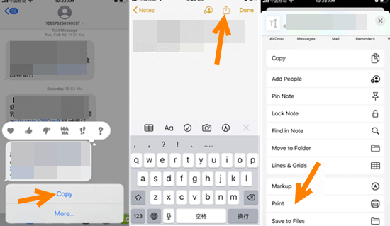 Print iPhone Text Messages from Notes App